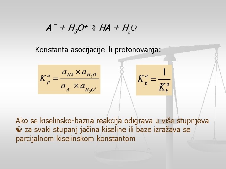 Aˉ + H 3 O+ HA + H 2 O Konstanta asocijacije ili protonovanja:
