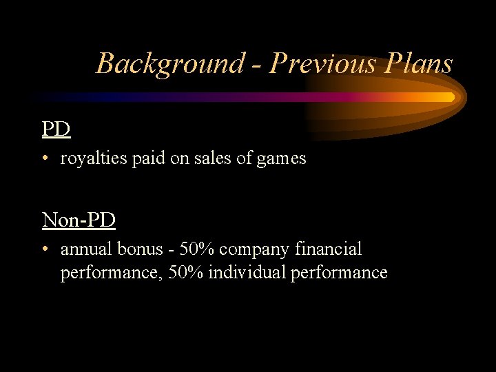 Background - Previous Plans PD • royalties paid on sales of games Non-PD •
