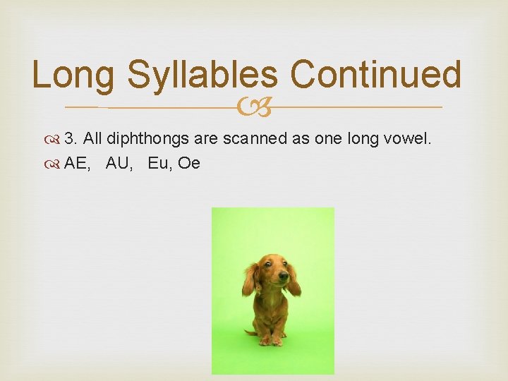 Long Syllables Continued 3. All diphthongs are scanned as one long vowel. AE, AU,