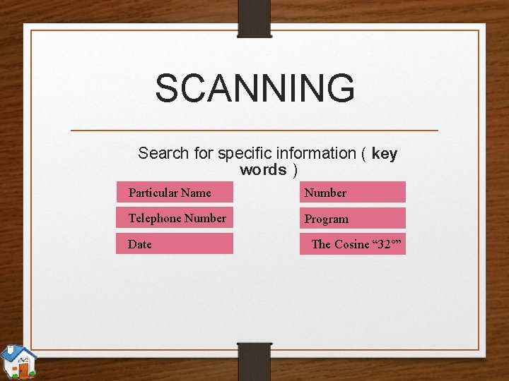 SCANNING Search for specific information ( key words ) Particular Name Number Telephone Number