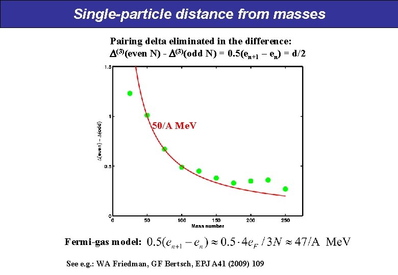 Single-particle distance from masses Pairing delta eliminated in the difference: (3)(even N) - (3)(odd