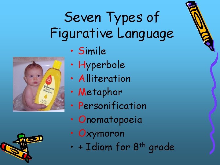 Seven Types of Figurative Language • • Simile Hyperbole Alliteration Metaphor Personification Onomatopoeia Oxymoron