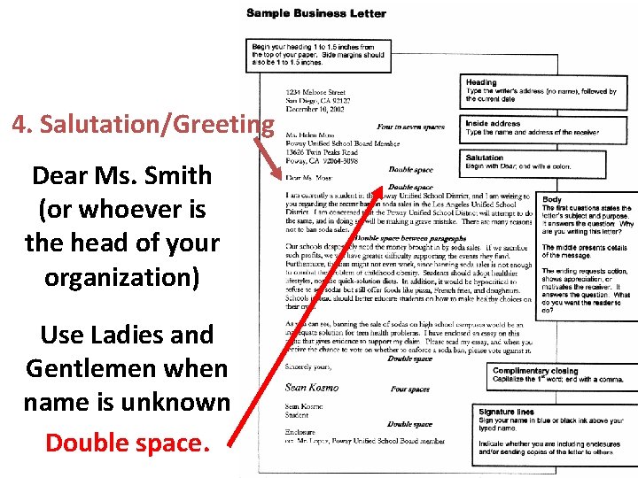 4. Salutation/Greeting Dear Ms. Smith (or whoever is the head of your organization) Use