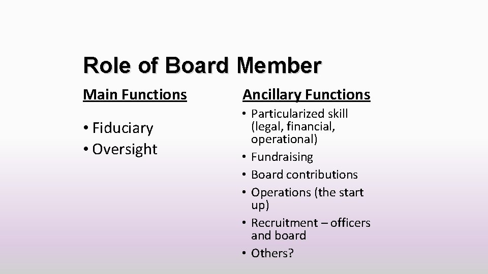Role of Board Member Main Functions • Fiduciary • Oversight Ancillary Functions • Particularized