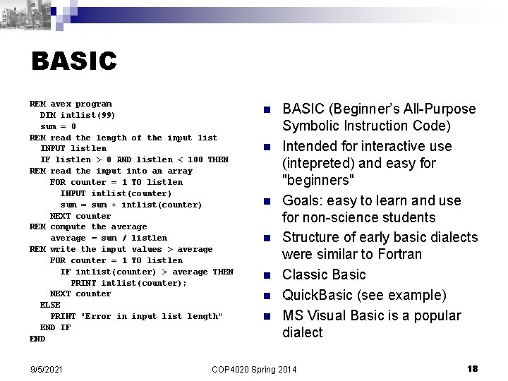 BASIC REM avex program DIM intlist(99) sum = 0 REM read the length of