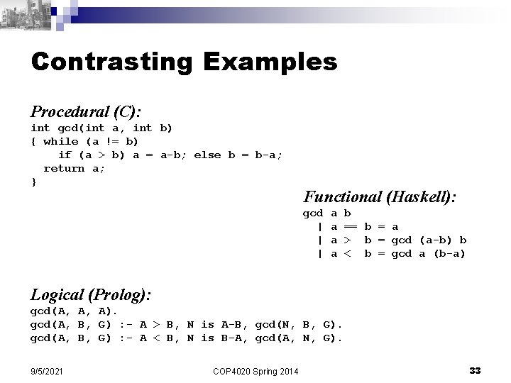 Contrasting Examples Procedural (C): int gcd(int a, int b) { while (a != b)