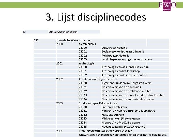 3. Lijst disciplinecodes 20 Cultuurwetenschappen 230 Historische Wetenschappen 2300 Geschiedenis 23000 Cultuurgeschiedenis 23001 Sociaal-economische