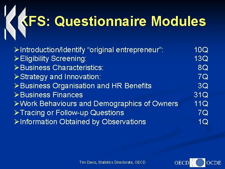 KFS: Questionnaire Modules ØIntroduction/Identify “original entrepreneur”: ØEligibility Screening: ØBusiness Characteristics: ØStrategy and Innovation: ØBusiness