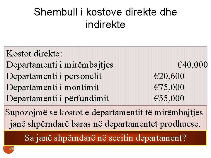 Shembull i kostove direkte dhe indirekte Kostot direkte: Departamenti i mirëmbajtjes Departamenti i personelit