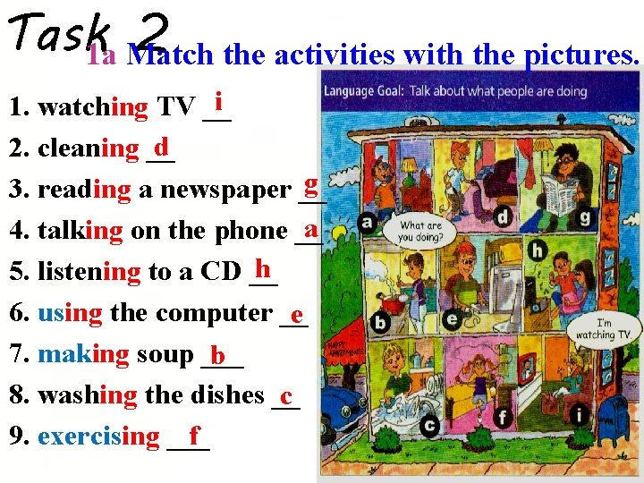 Task 1 a Match 2 the activities with the pictures. i 1. watching TV