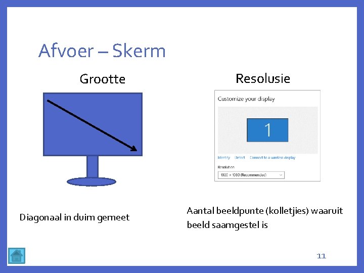 Afvoer – Skerm Grootte Diagonaal in duim gemeet Resolusie Aantal beeldpunte (kolletjies) waaruit beeld