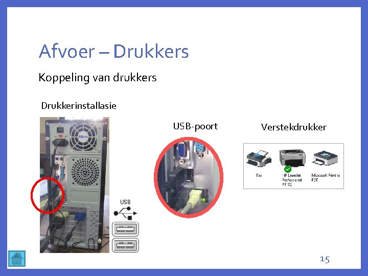 Afvoer – Drukkers Koppeling van drukkers Drukkerinstallasie USB-poort Verstekdrukker 15 
