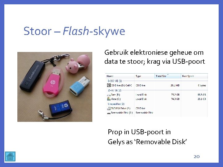 Stoor – Flash-skywe Gebruik elektroniese geheue om data te stoor; krag via USB-poort Prop