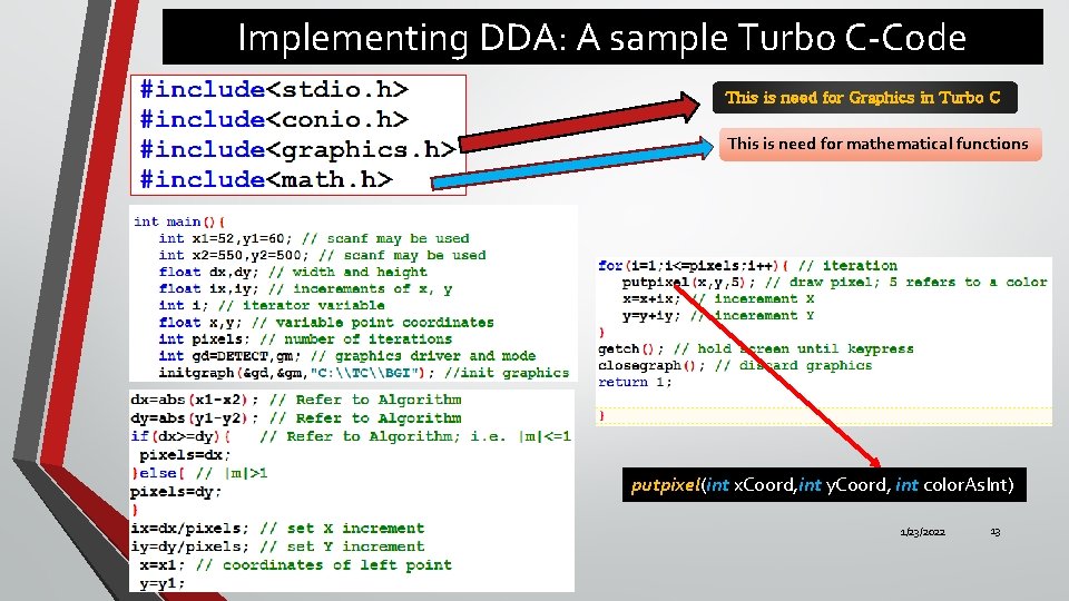 Implementing DDA: A sample Turbo C-Code This is need for Graphics in Turbo C