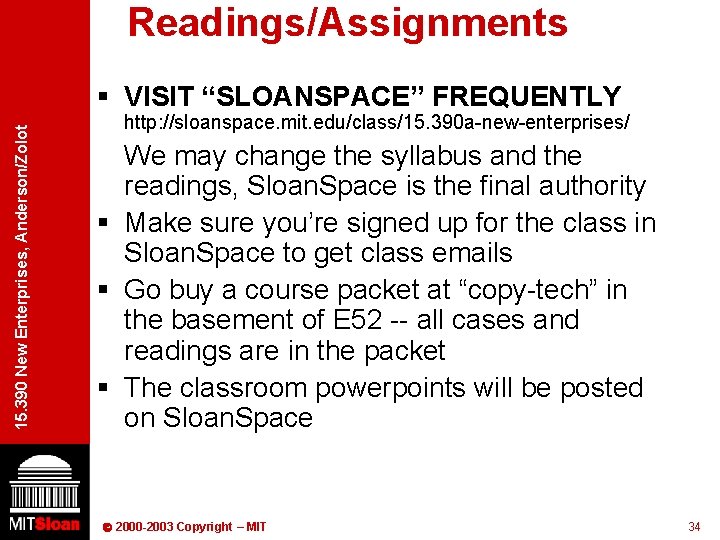 Readings/Assignments 15. 390 New Enterprises, Anderson/Zolot § VISIT “SLOANSPACE” FREQUENTLY http: //sloanspace. mit. edu/class/15.