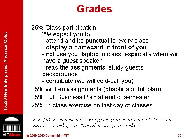 15. 390 New Enterprises, Anderson/Zolot Grades 25% Class participation. We expect you to: -