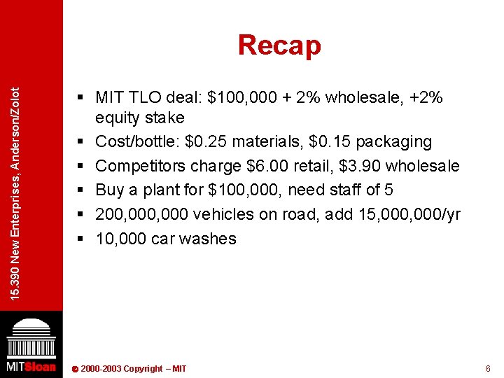 15. 390 New Enterprises, Anderson/Zolot Recap § MIT TLO deal: $100, 000 + 2%