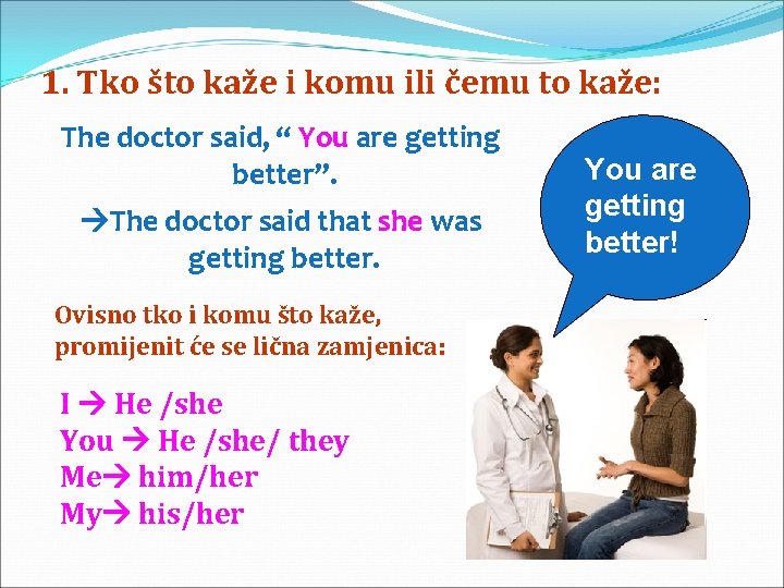 1. Tko što kaže i komu ili čemu to kaže: The doctor said, “