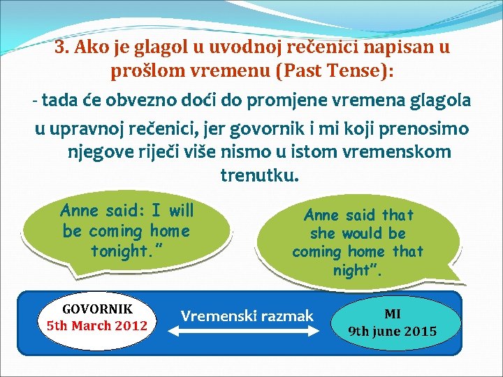 3. Ako je glagol u uvodnoj rečenici napisan u prošlom vremenu (Past Tense): -