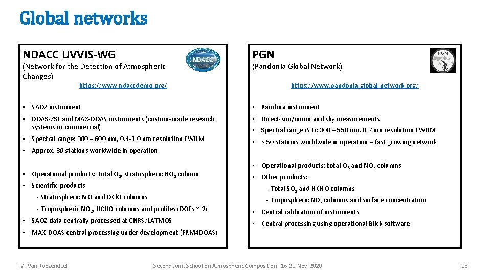 Global networks NDACC UVVIS-WG (Network for the Detection of Atmospheric Changes) https: //www. ndaccdemo.