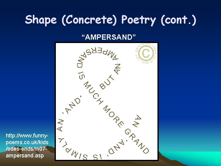 Shape (Concrete) Poetry (cont. ) “AMPERSAND” http: //www. funnypoems. co. uk/kids /odes-ends/m 07 ampersand.