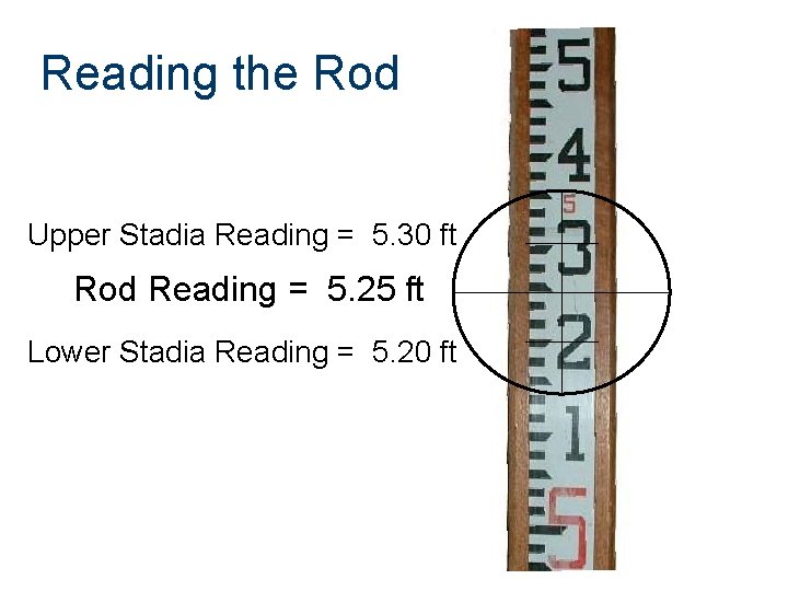 Reading the Rod Upper Stadia Reading = 5. 30 ft Rod Reading = 5.