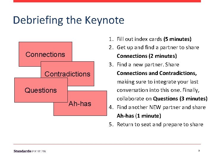 Debriefing the Keynote Connections Contradictions Questions Ah-has 1. Fill out index cards (5 minutes)