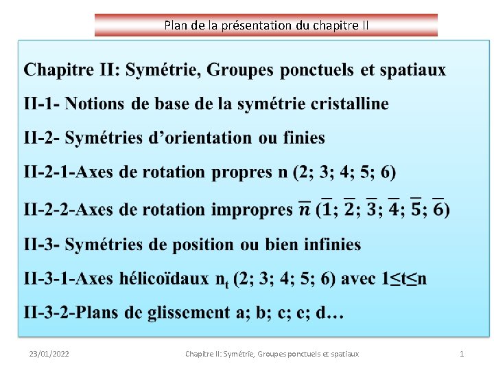 Plan de la présentation du chapitre II 23/01/2022 Chapitre II: Symétrie, Groupes ponctuels et