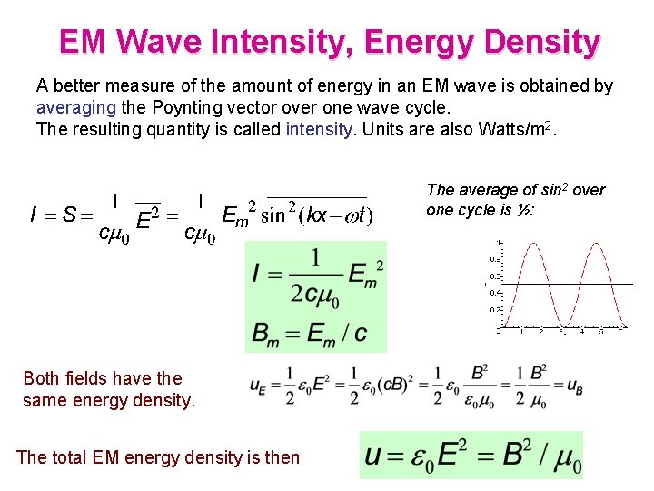 EM Wave Intensity, Energy Density A better measure of the amount of energy in