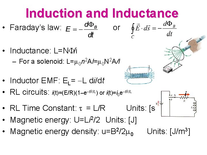 Induction and Inductance • Faraday’s law: or • Inductance: L=NΦ/i – For a solenoid: