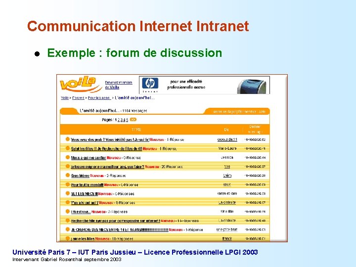 Communication Internet Intranet l Exemple : forum de discussion Université Paris 7 – IUT