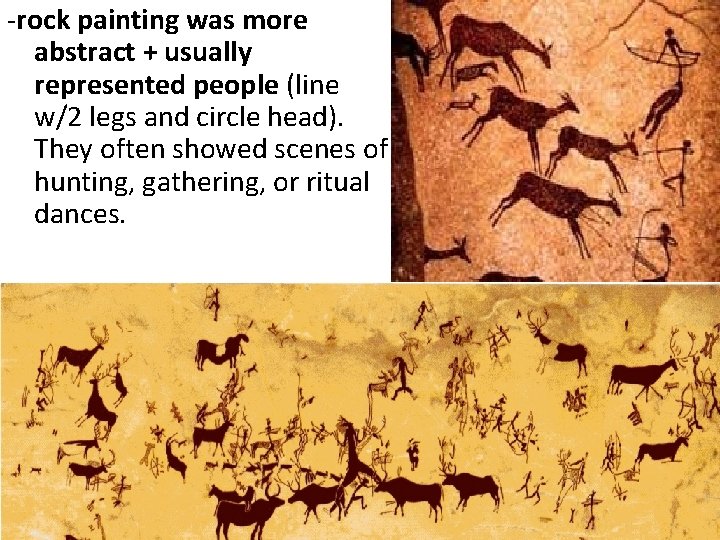 -rock painting was more abstract + usually represented people (line w/2 legs and circle