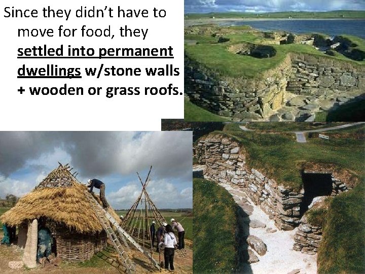 Since they didn’t have to move for food, they settled into permanent dwellings w/stone