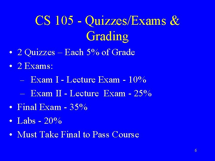 CS 105 - Quizzes/Exams & Grading • 2 Quizzes – Each 5% of Grade