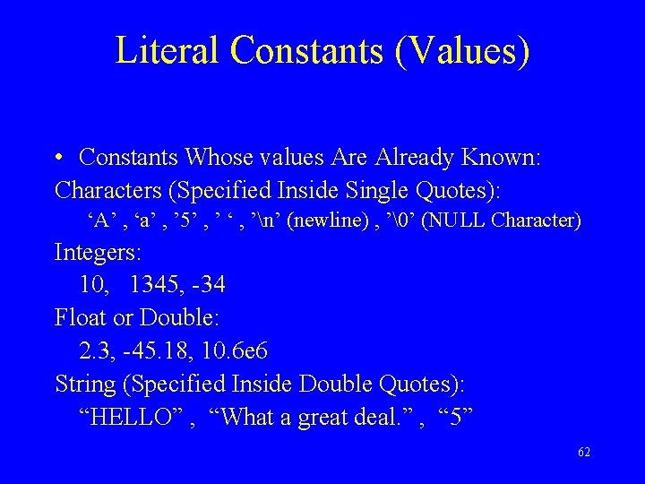 Literal Constants (Values) • Constants Whose values Are Already Known: Characters (Specified Inside Single