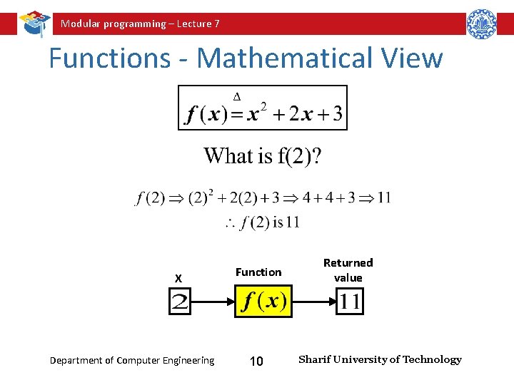 Modular programming – Lecture 7 Functions - Mathematical View X Department of Computer Engineering