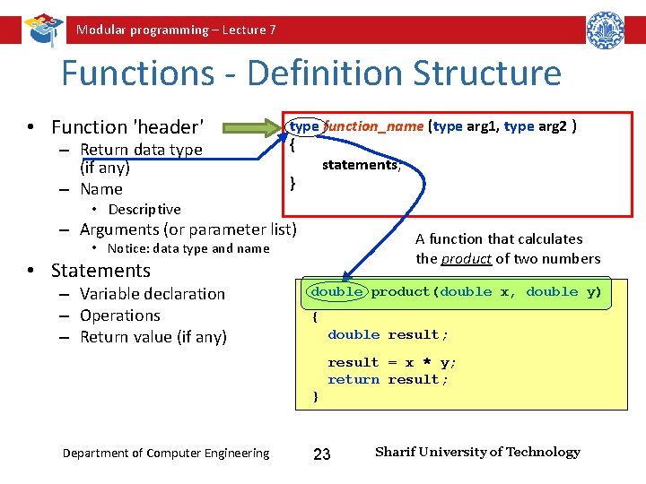 Modular programming – Lecture 7 Functions - Definition Structure • Function 'header' – Return