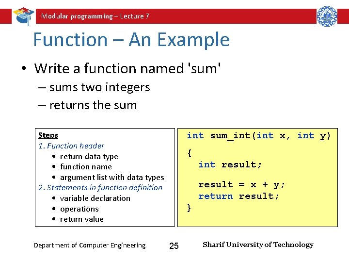 Modular programming – Lecture 7 Function – An Example • Write a function named