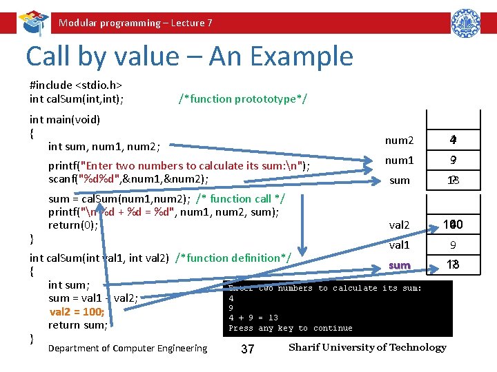 Modular programming – Lecture 7 Call by value – An Example #include <stdio. h>
