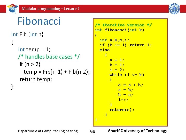 Modular programming – Lecture 7 Fibonacci int Fib (int n) { int temp =