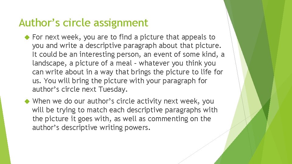 Author’s circle assignment For next week, you are to find a picture that appeals