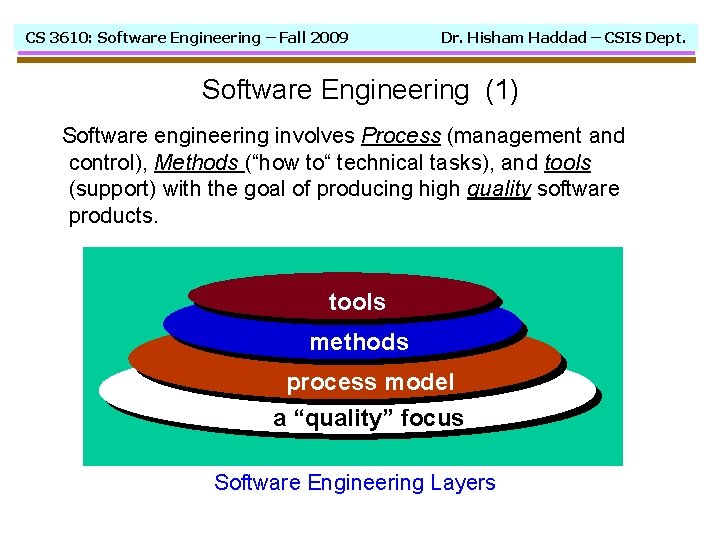 CS 3610: Software Engineering – Fall 2009 Dr. Hisham Haddad – CSIS Dept. Software