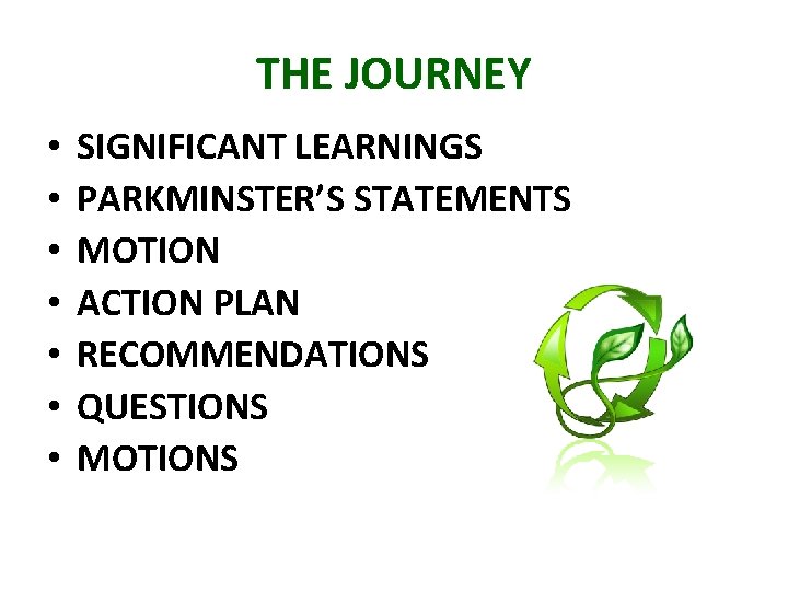 THE JOURNEY • • SIGNIFICANT LEARNINGS PARKMINSTER’S STATEMENTS MOTION ACTION PLAN RECOMMENDATIONS QUESTIONS MOTIONS