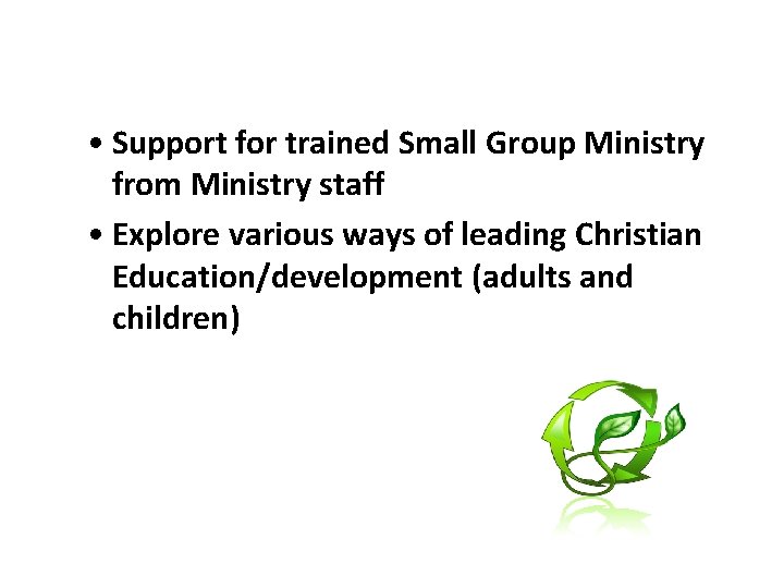  • Support for trained Small Group Ministry from Ministry staff • Explore various