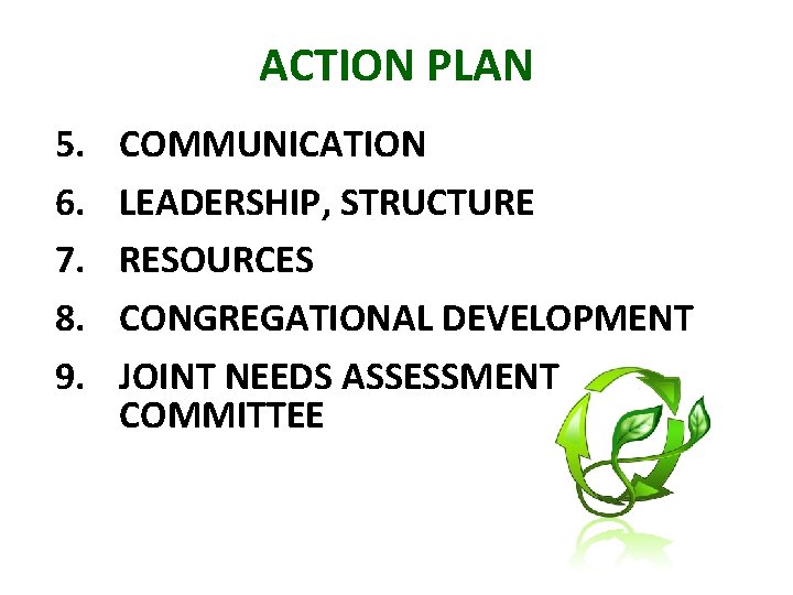 ACTION PLAN 5. 6. 7. 8. 9. COMMUNICATION LEADERSHIP, STRUCTURE RESOURCES CONGREGATIONAL DEVELOPMENT JOINT