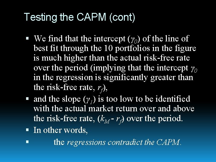 Testing the CAPM (cont) We find that the intercept (γ 0) of the line