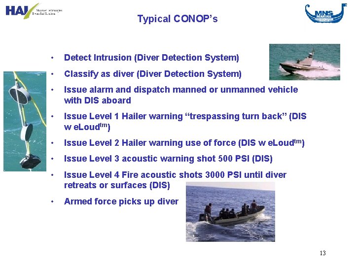 Typical CONOP’s • Detect Intrusion (Diver Detection System) • Classify as diver (Diver Detection