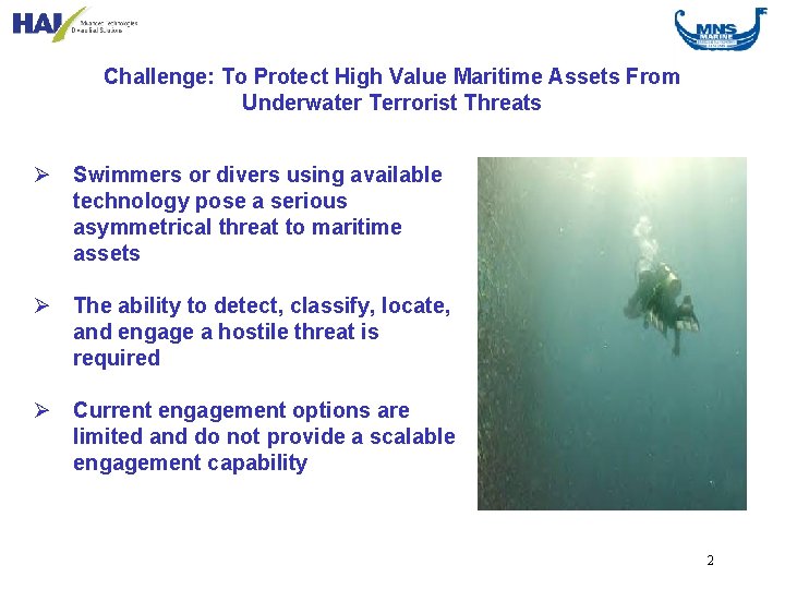 Challenge: To Protect High Value Maritime Assets From Underwater Terrorist Threats Ø Swimmers or