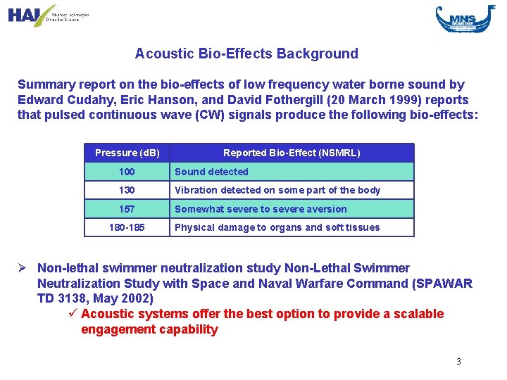 Acoustic Bio-Effects Background Summary report on the bio-effects of low frequency water borne sound