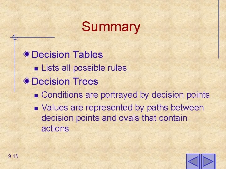 Summary Decision Tables n Lists all possible rules Decision Trees n n 9. 16